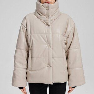 Lattelier Faux-Leather Cream Puffer Jacket